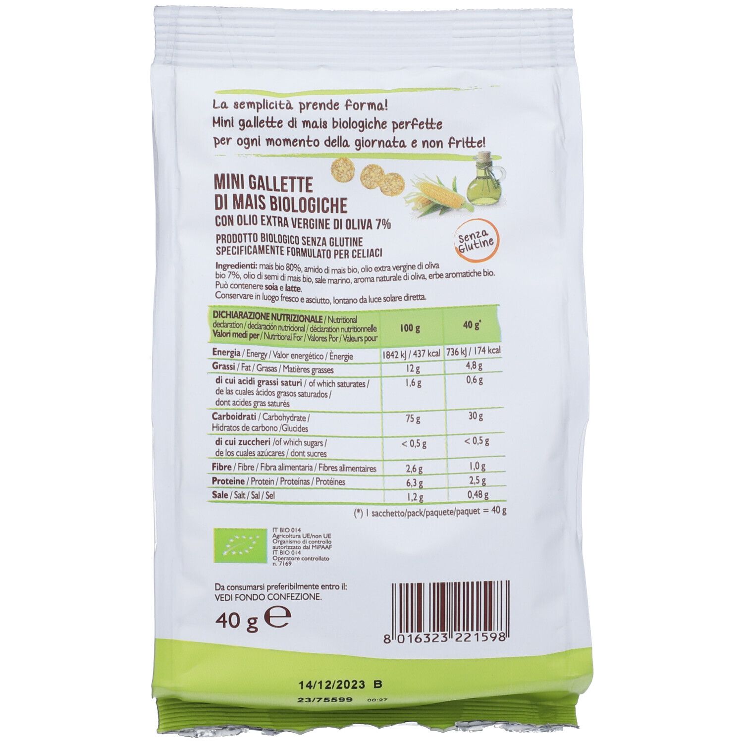 Retro confezione Biocroc Mini Gallette Mais Bio. Testo: Mini Gallette di Mais Biologiche, informazioni nutrizionali, elenco ingredienti, marchio bio.