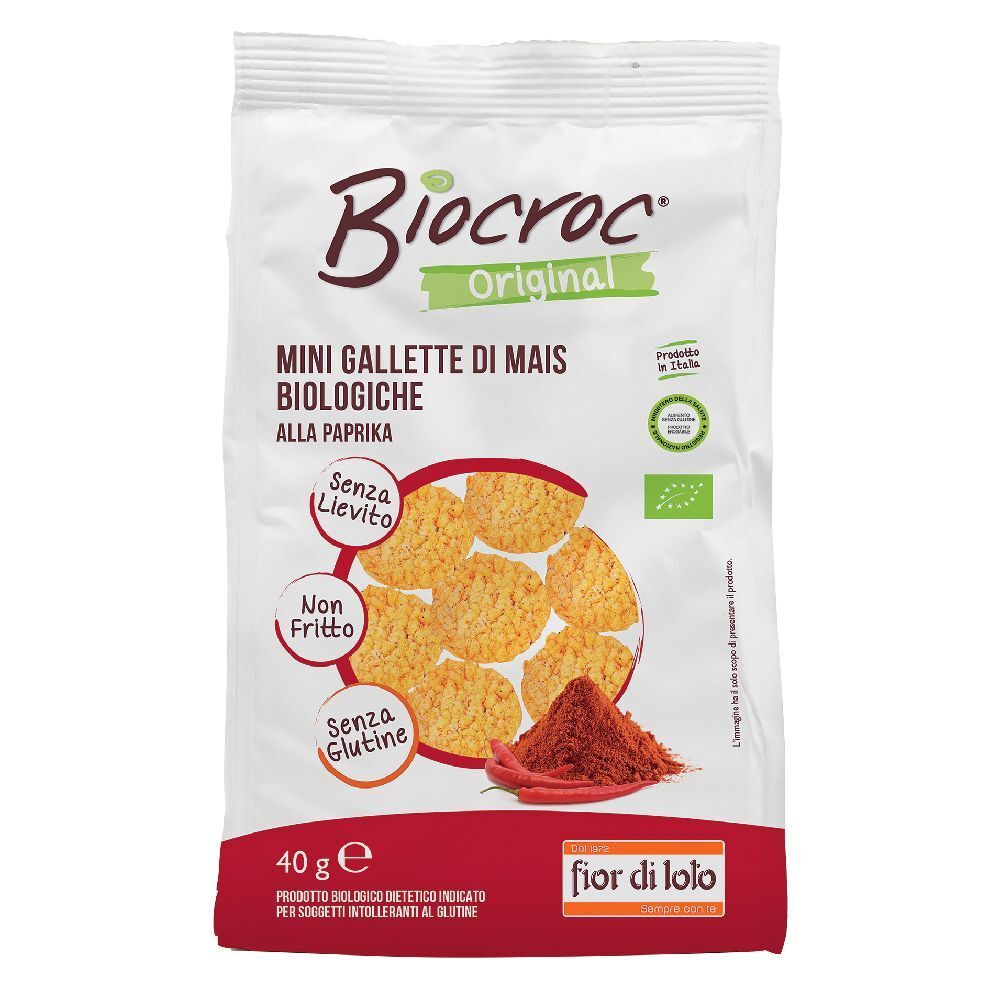 Confezione di gallette di mais Biocroc Mini. Scritta: Mini Gallette di Mais Biologiche alla Paprika. Contiene polvere di paprika.