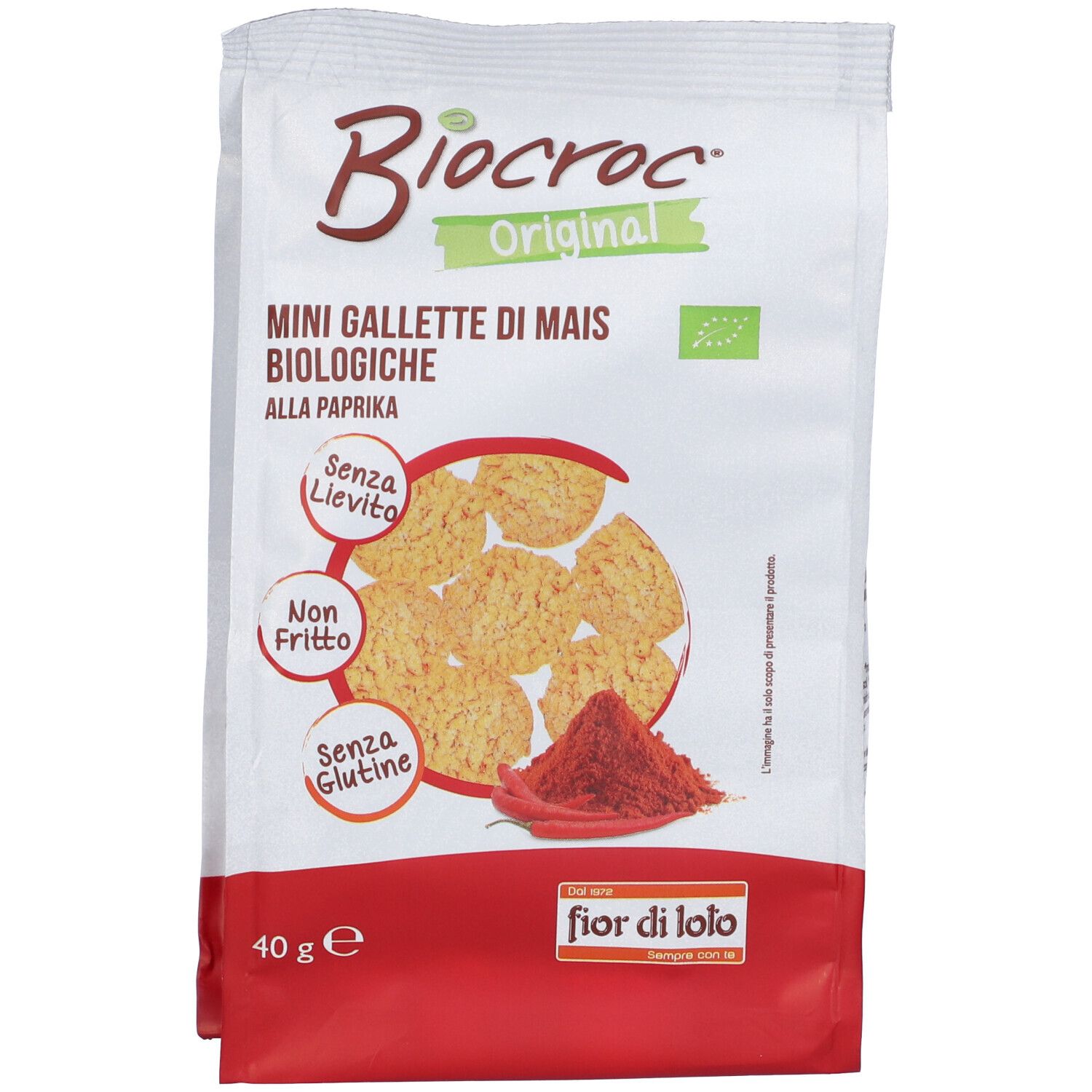 Confezione di gallette di mais Biocroc Mini. Scritta: Mini Gallette di Mais Biologiche alla Paprika. Contiene polvere di paprika. 40g.