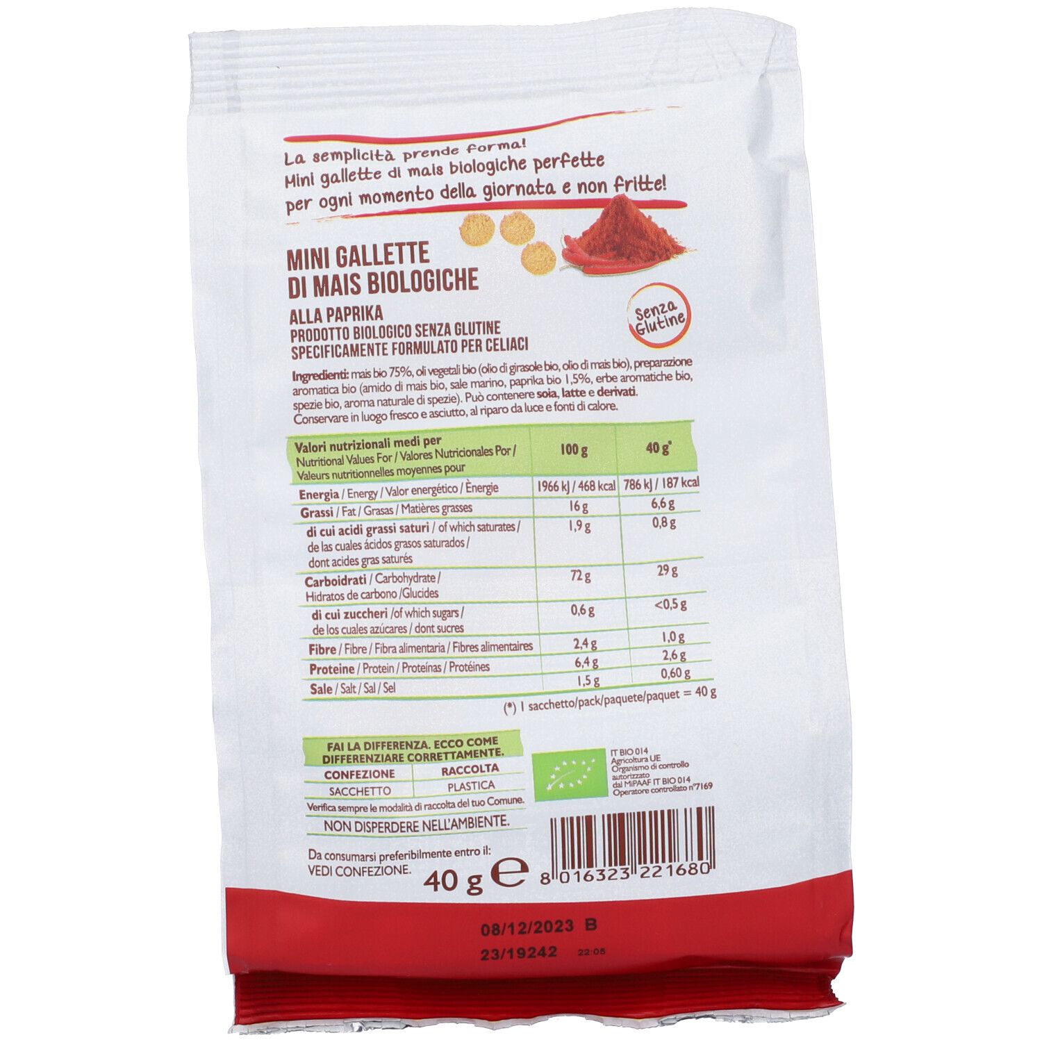 Retro della confezione di gallette di mais Biocroc Mini. Contiene informazioni nutrizionali, elenco ingredienti ed etichetta biologica.