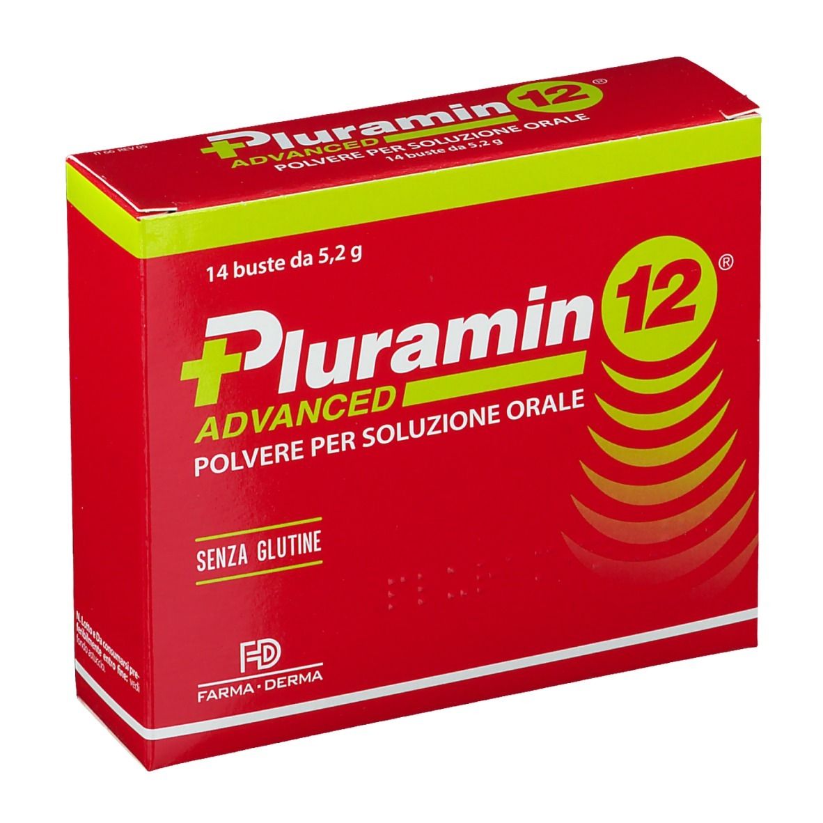 Scatola rossa "Pluramin 12 Advanced". Contiene 14 bustine. "Senza glutine" in basso.