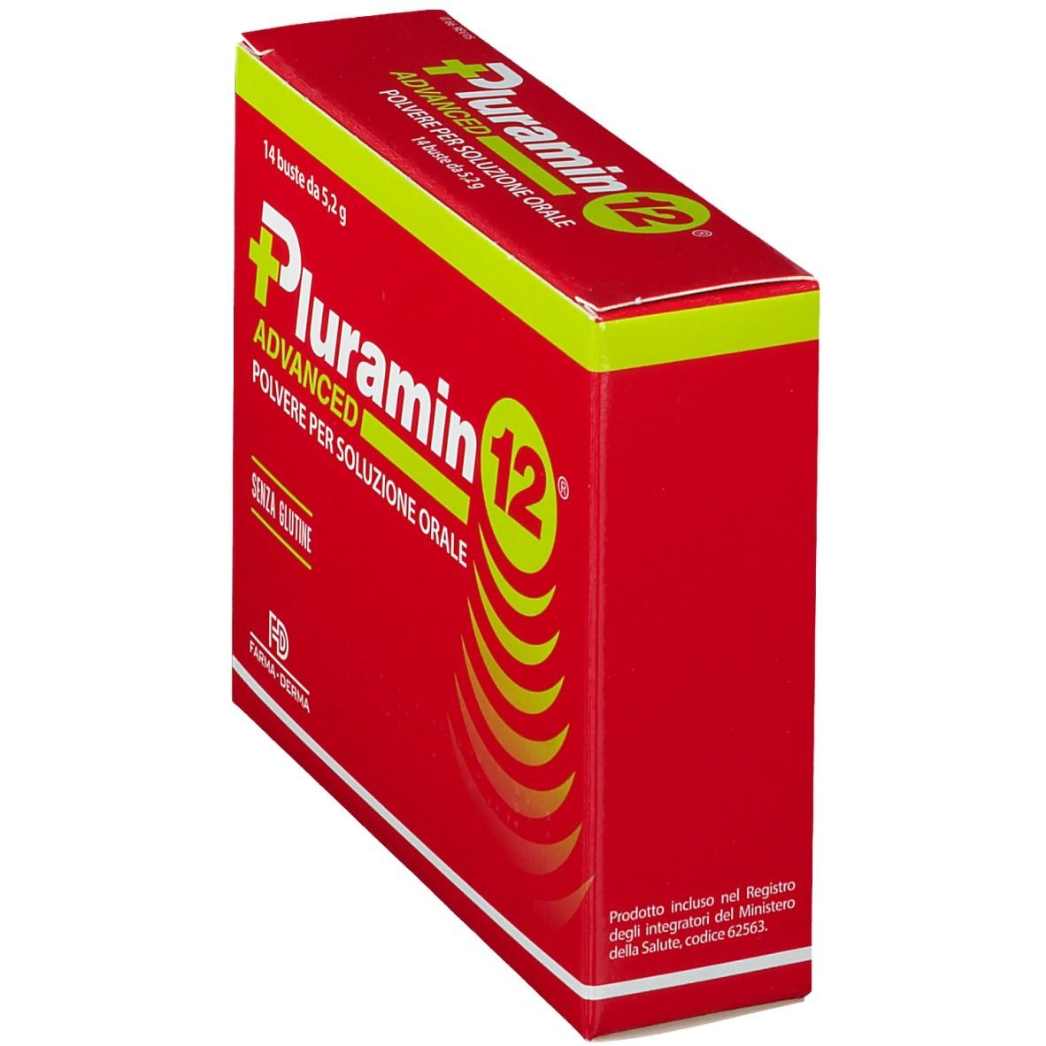 Scatola rossa "Pluramin 12 Advanced" in prospettiva. Dettagli verdi. Scritto: "Polvere per soluzione orale".