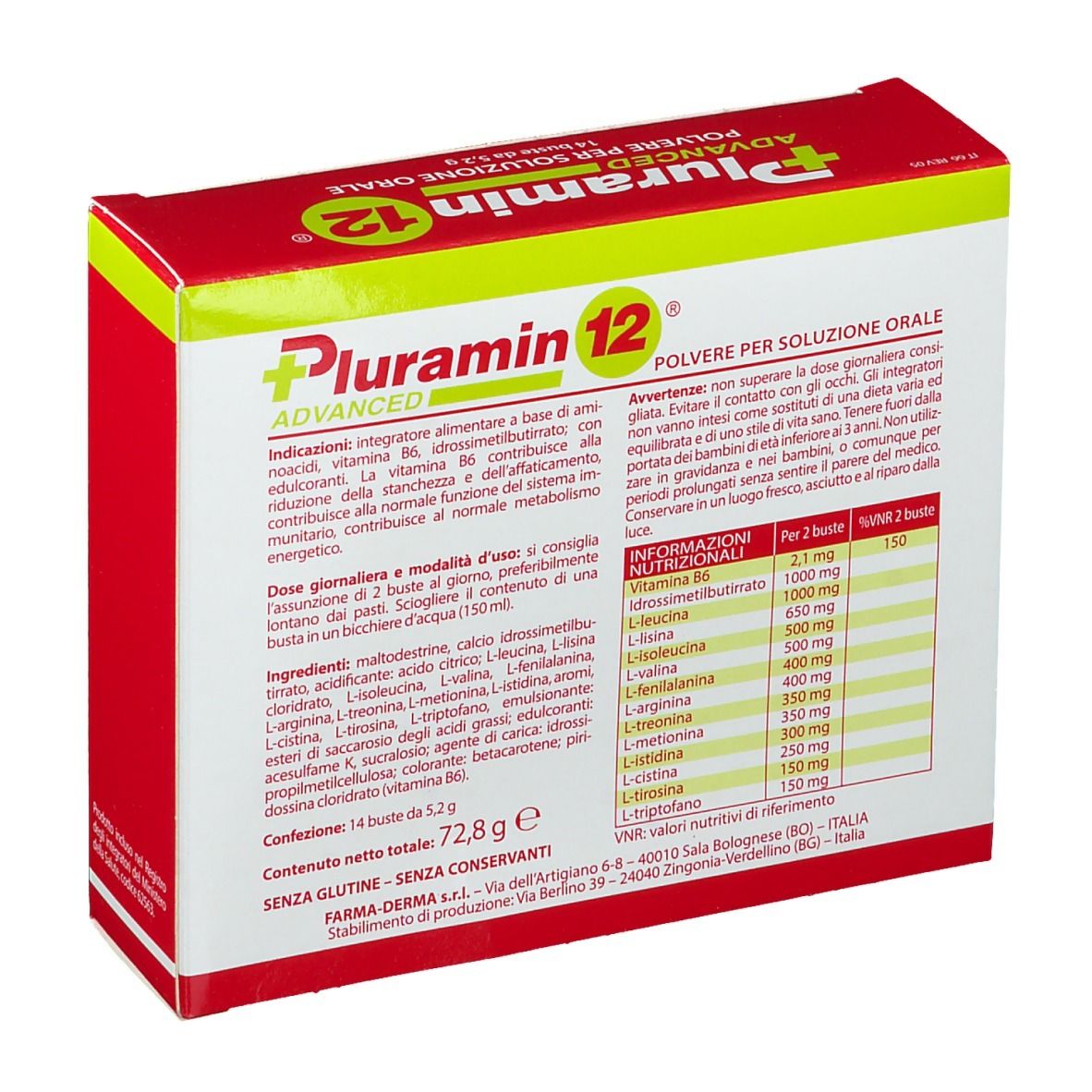 Retro confezione "Pluramin 12". Informazioni ingredienti e valori nutrizionali. Testo in italiano.