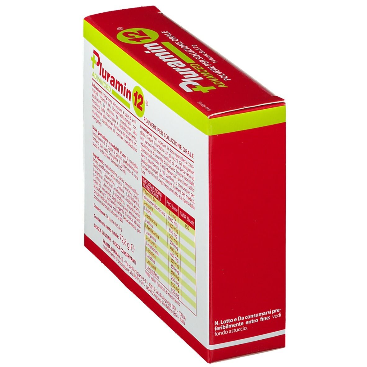 Vista obliqua della confezione "Pluramin 12". Retro con testo e informazioni nutrizionali. Colori rosso e verde.