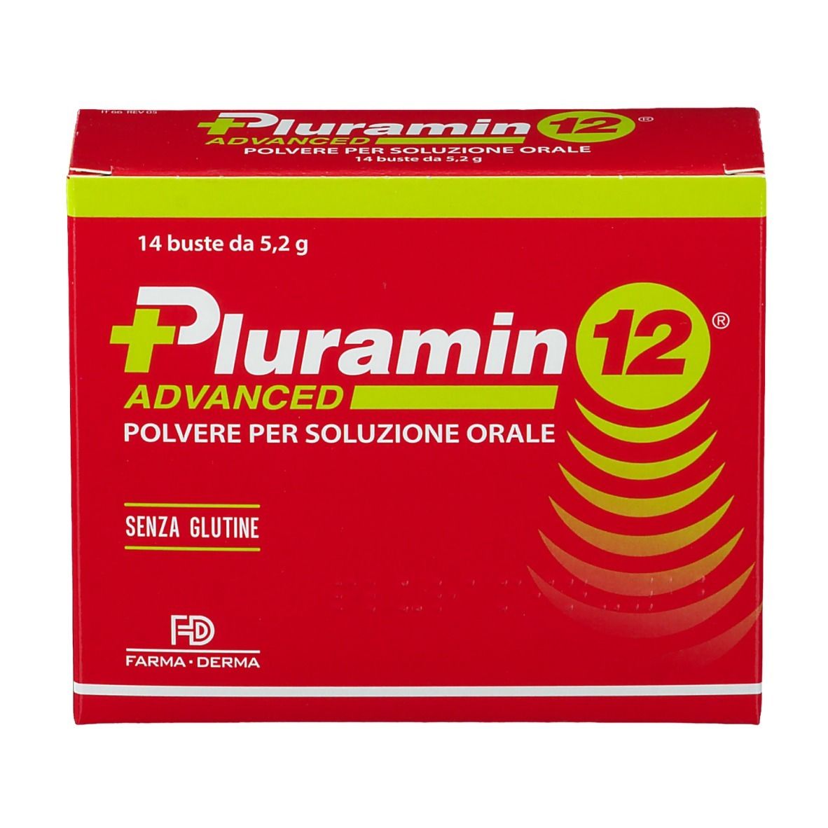 Scatola rossa "Pluramin 12 Advanced". Contiene 14 bustine. "Polvere per soluzione orale". "Senza glutine".