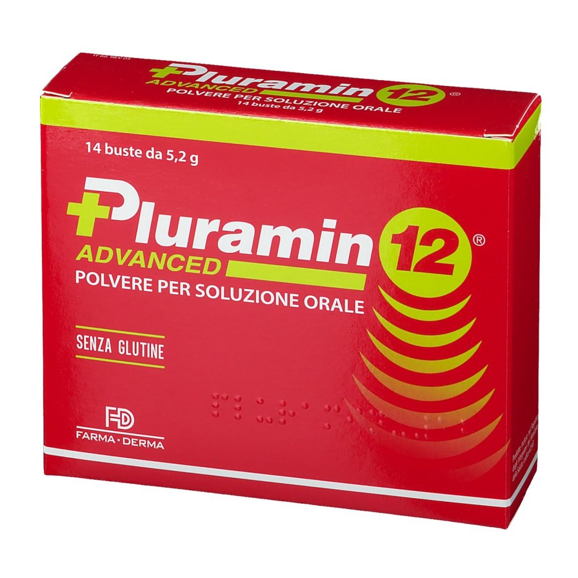 Scatola rossa "Pluramin 12 Advanced". Contiene 14 bustine. "Polvere per soluzione orale". "Senza glutine".