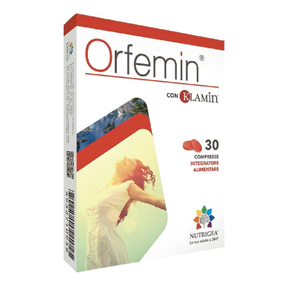 Scatola di Orfemin 30 Compresse. Scatola rossa e bianca con nome e logo del prodotto. Contiene 30 compresse.