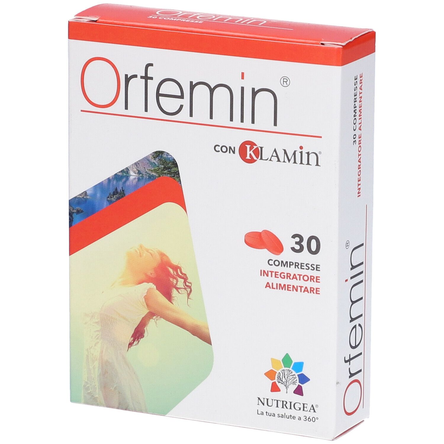 Scatola di Orfemin 30 Compresse. Scatola rossa e bianca con nome e logo del prodotto. Contiene 30 compresse.