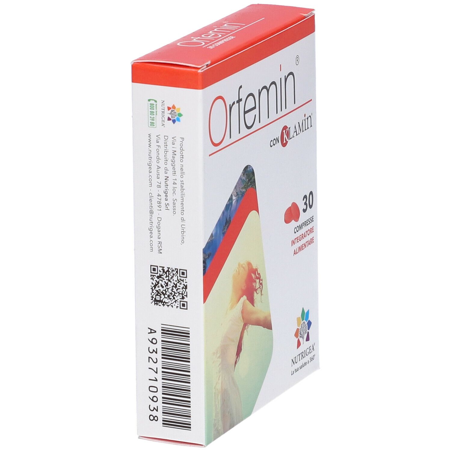 Scatola di Orfemin 30 Compresse. Scatola rossa e bianca con nome e logo del prodotto. Contiene 30 compresse.