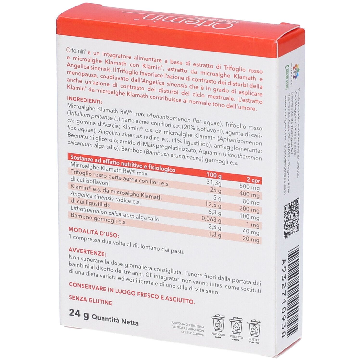 Retro della confezione di Orfemin 30 Compresse. Contiene informazioni sugli ingredienti e i valori nutrizionali.