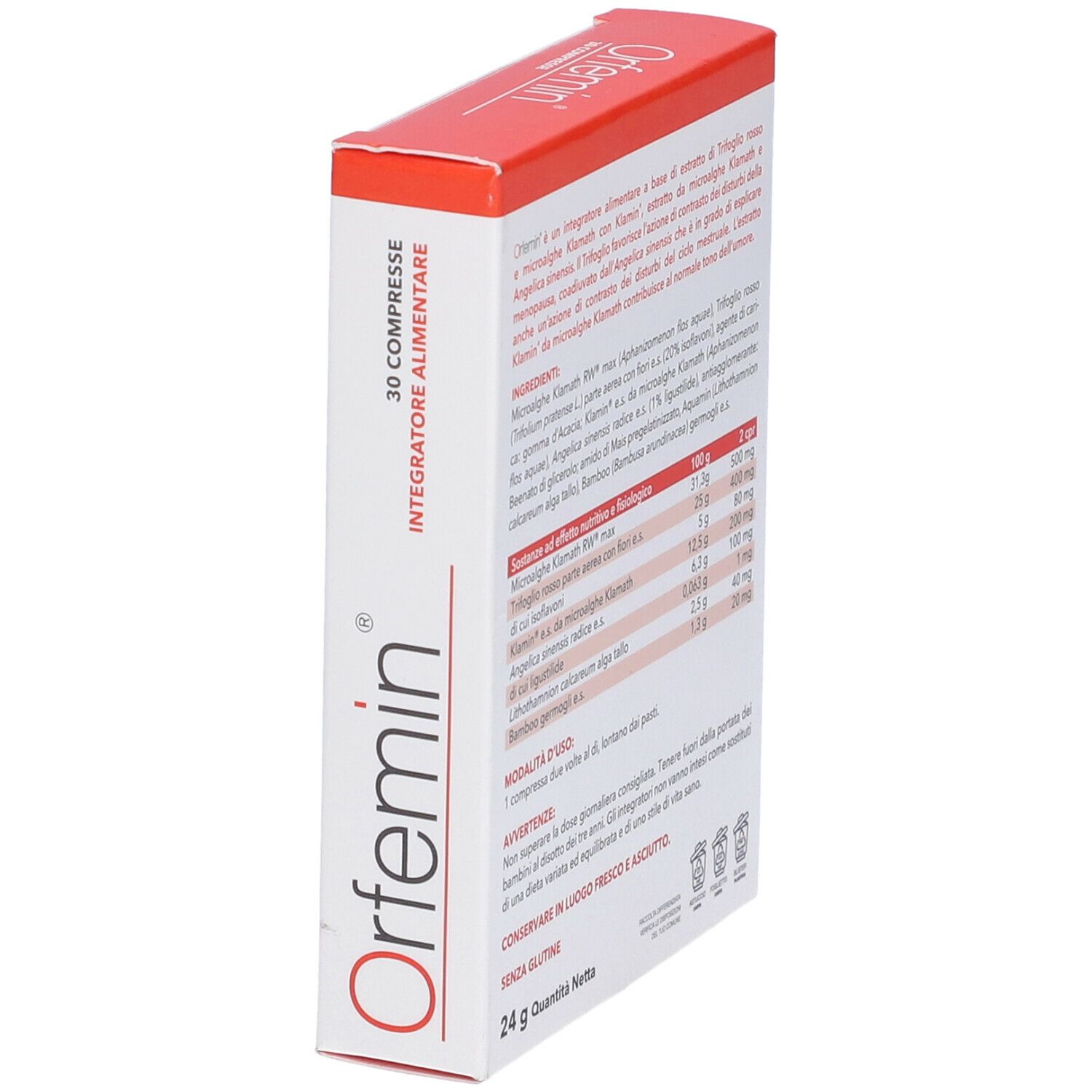 Vista laterale della confezione di Orfemin 30 Compresse. Contiene informazioni sugli ingredienti e i valori nutrizionali.