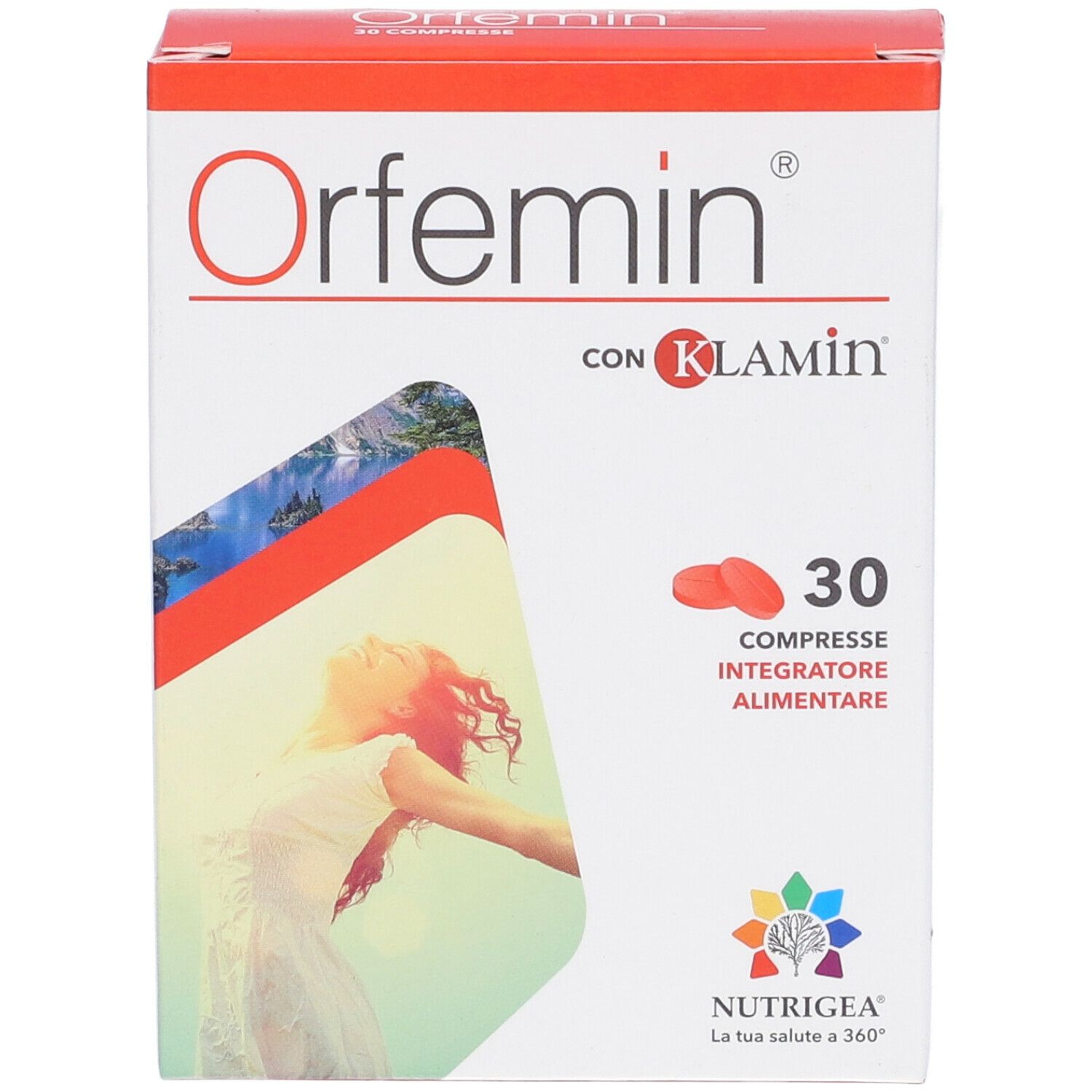 Scatola di Orfemin 30 Compresse. Scatola rossa e bianca con nome e logo del prodotto. Contiene 30 compresse.