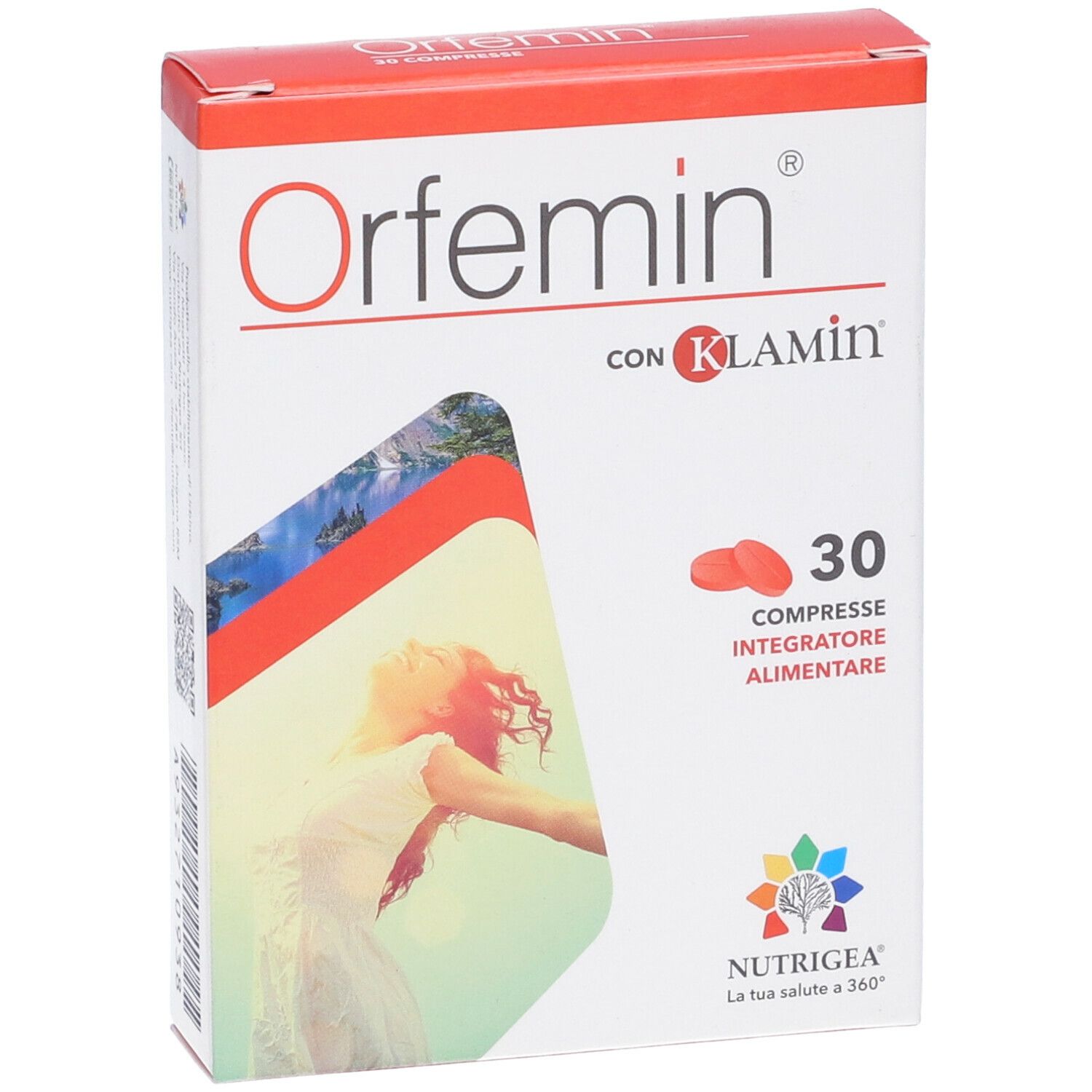 Scatola di Orfemin 30 Compresse. Scatola rossa e bianca con nome e logo del prodotto. Contiene 30 compresse.