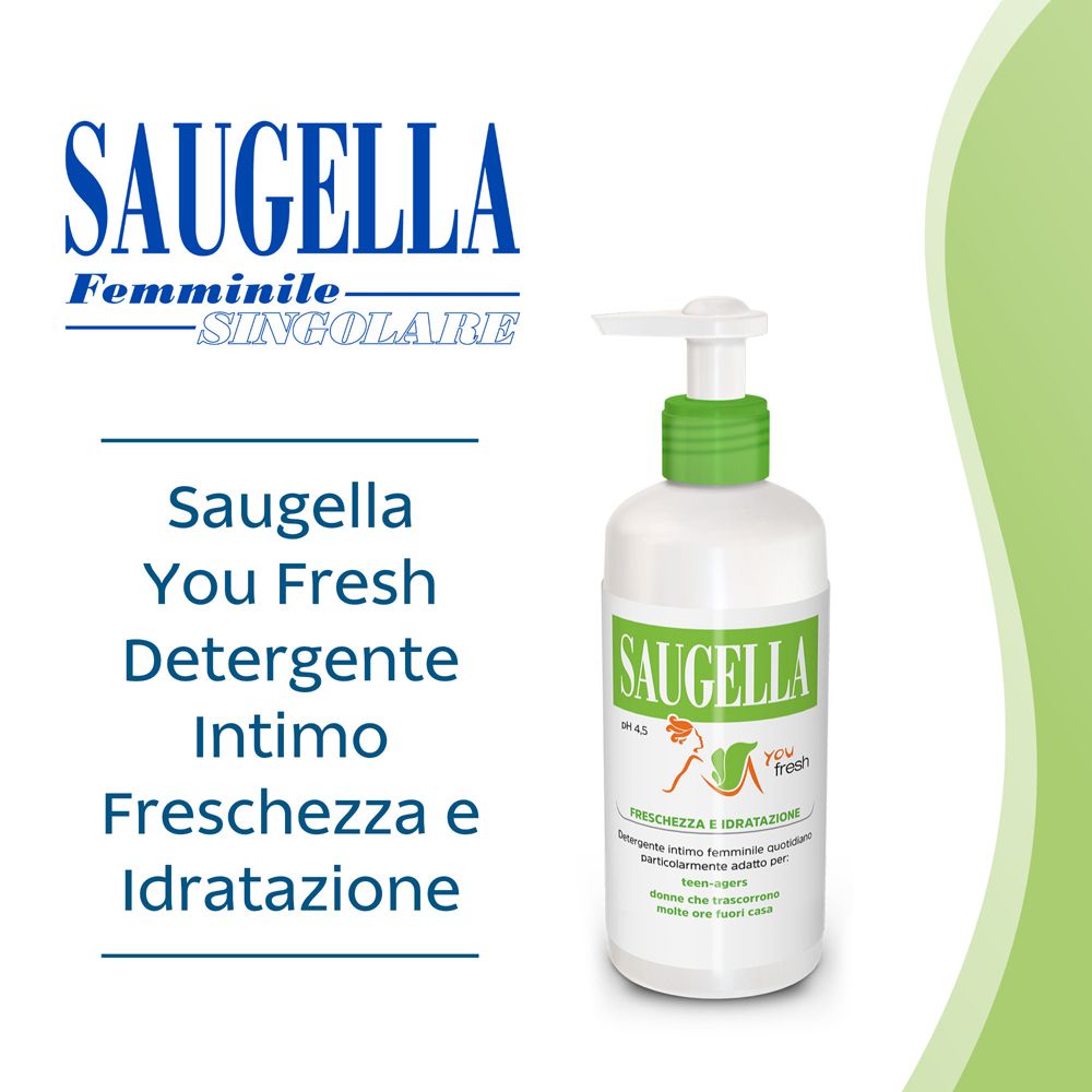 Saugella-Logo und Produktflasche mit grünem Deckel. Text: Saugella You Fresh, Reinigung, Frische und Feuchtigkeit.