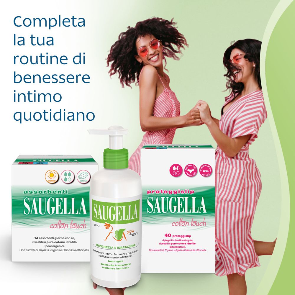 Zwei Frauen mit Produkten. Text: Vervollständigen Sie Ihre tägliche Intim-Wellness-Routine. Produkte.