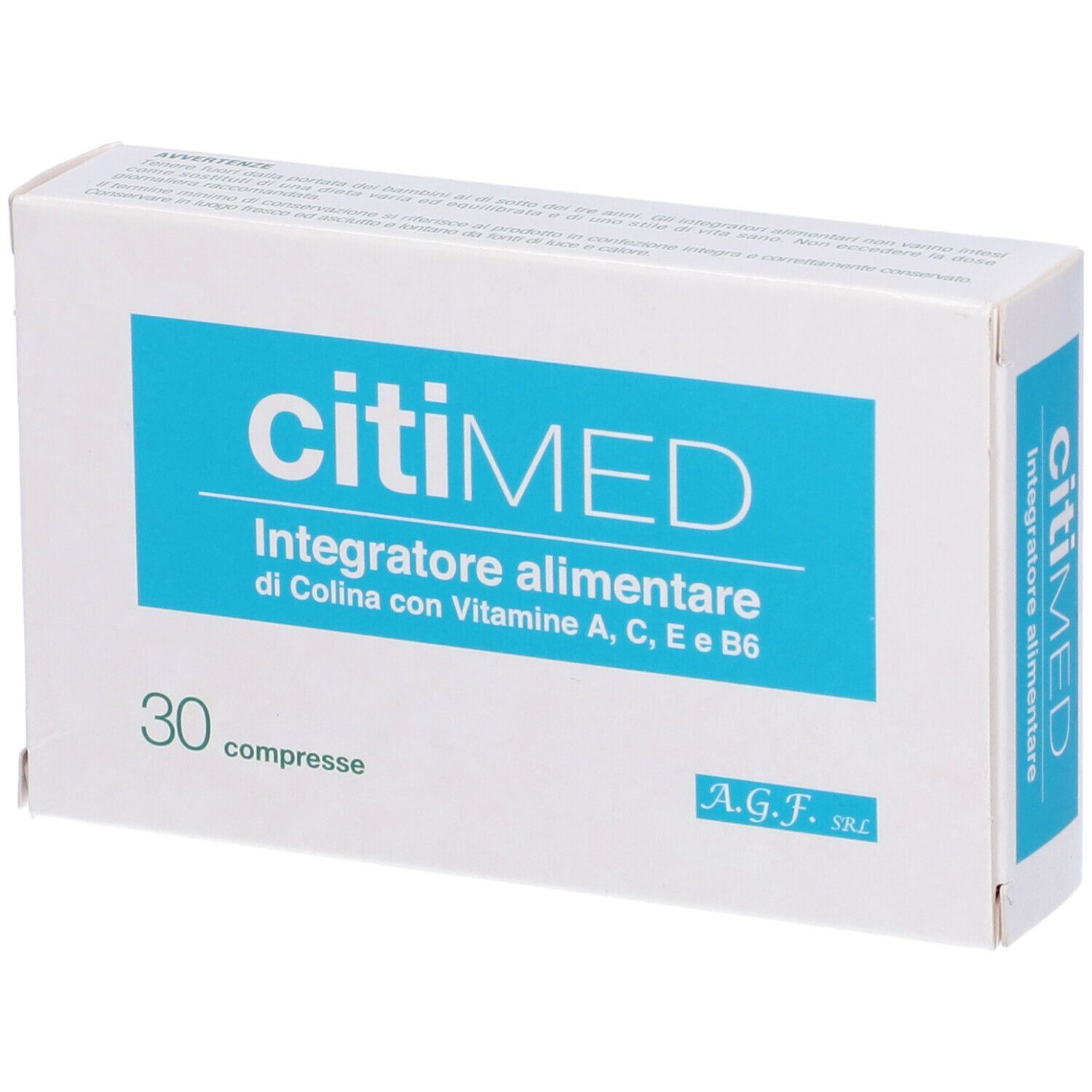 Scatola bianca con rettangolo blu e scritta "citiMED". Contiene 30 compresse. Testo: Integratore alimentare.