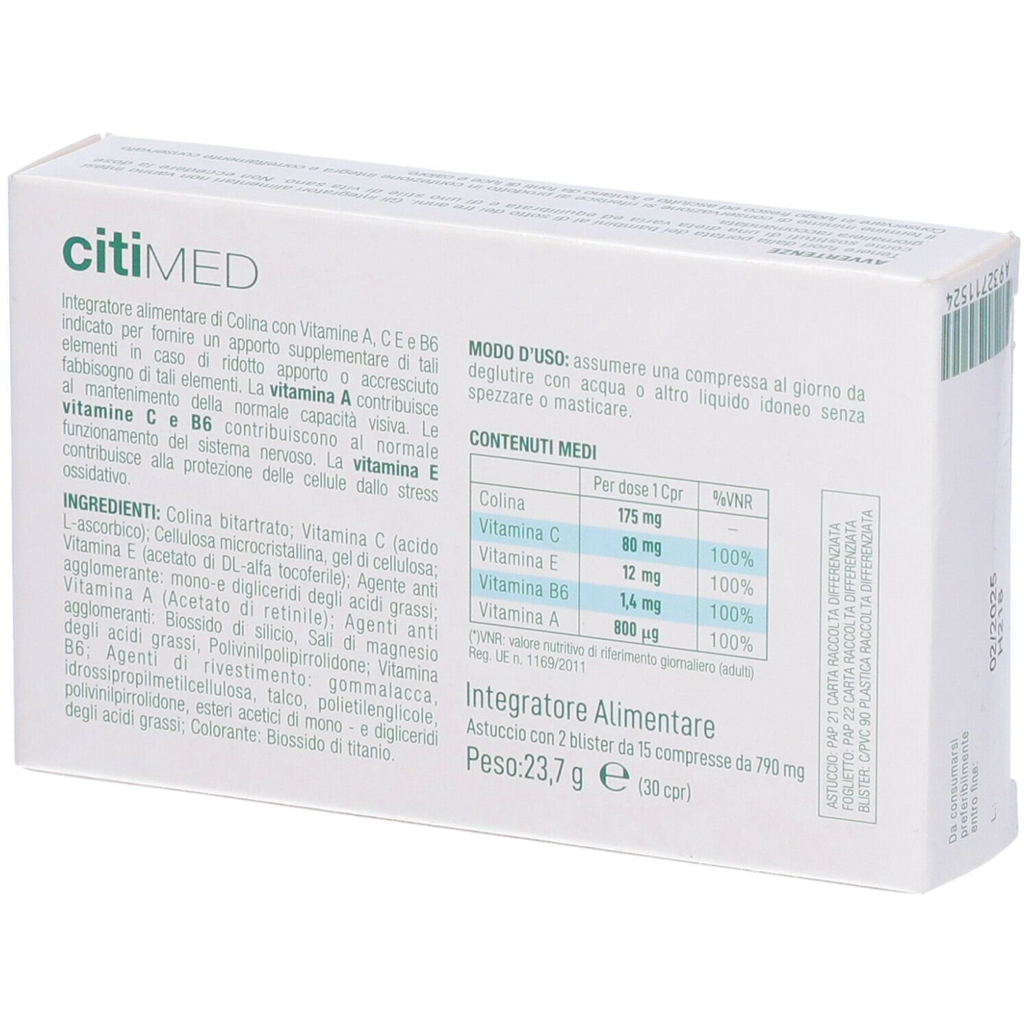 Scatola bianca con rettangolo blu e scritta "citiMED". Contiene 30 compresse. Testo: Integratore alimentare. Retro con informazioni.