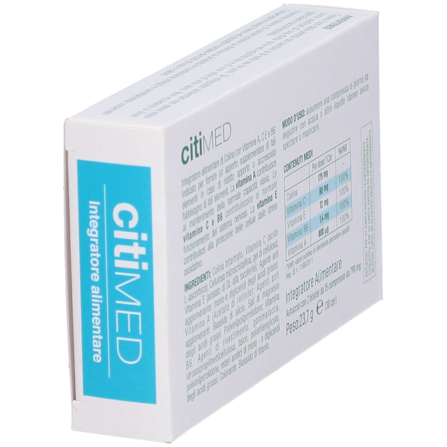 Scatola bianca con rettangolo blu e scritta "citiMED". Contiene 30 compresse. Testo: Integratore alimentare. Retro con informazioni.