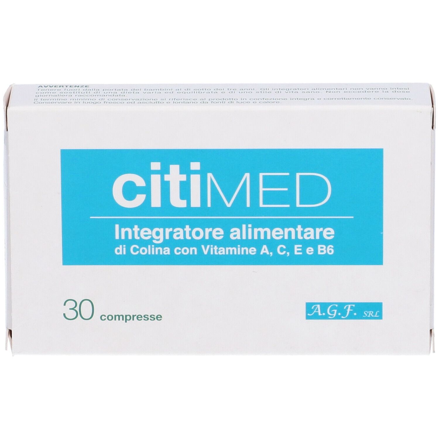 Scatola bianca con rettangolo blu e scritta "citiMED". Contiene 30 compresse. Testo: Integratore alimentare.