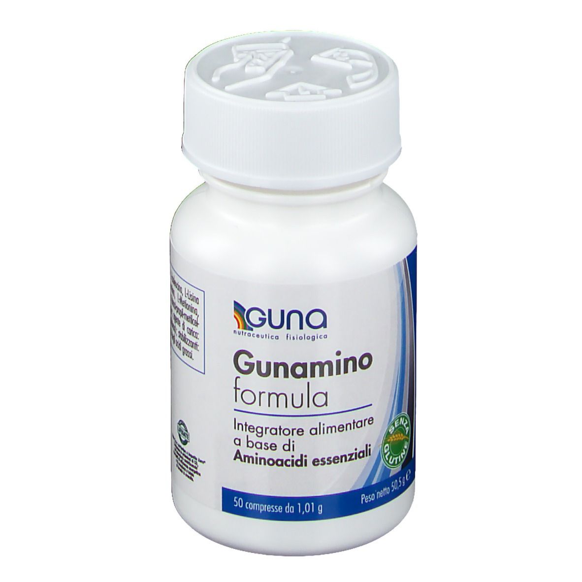 Flacone bianco con compresse. Scritta: Guna Gunamino Formula. Senza glutine. 50 compresse.