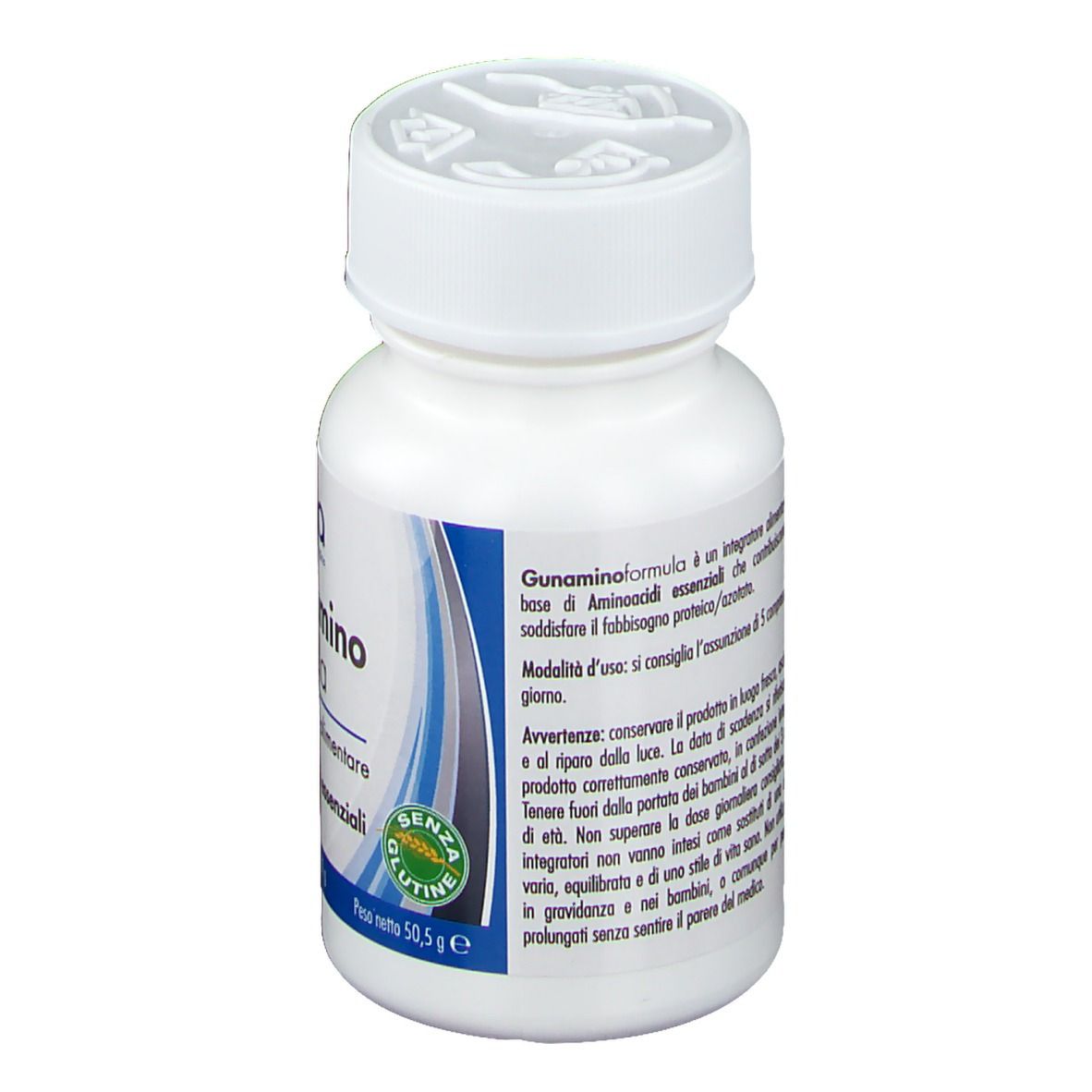 Flacone bianco con compresse. Scritta: Guna Gunamino Formula. Testo su ingredienti e uso.