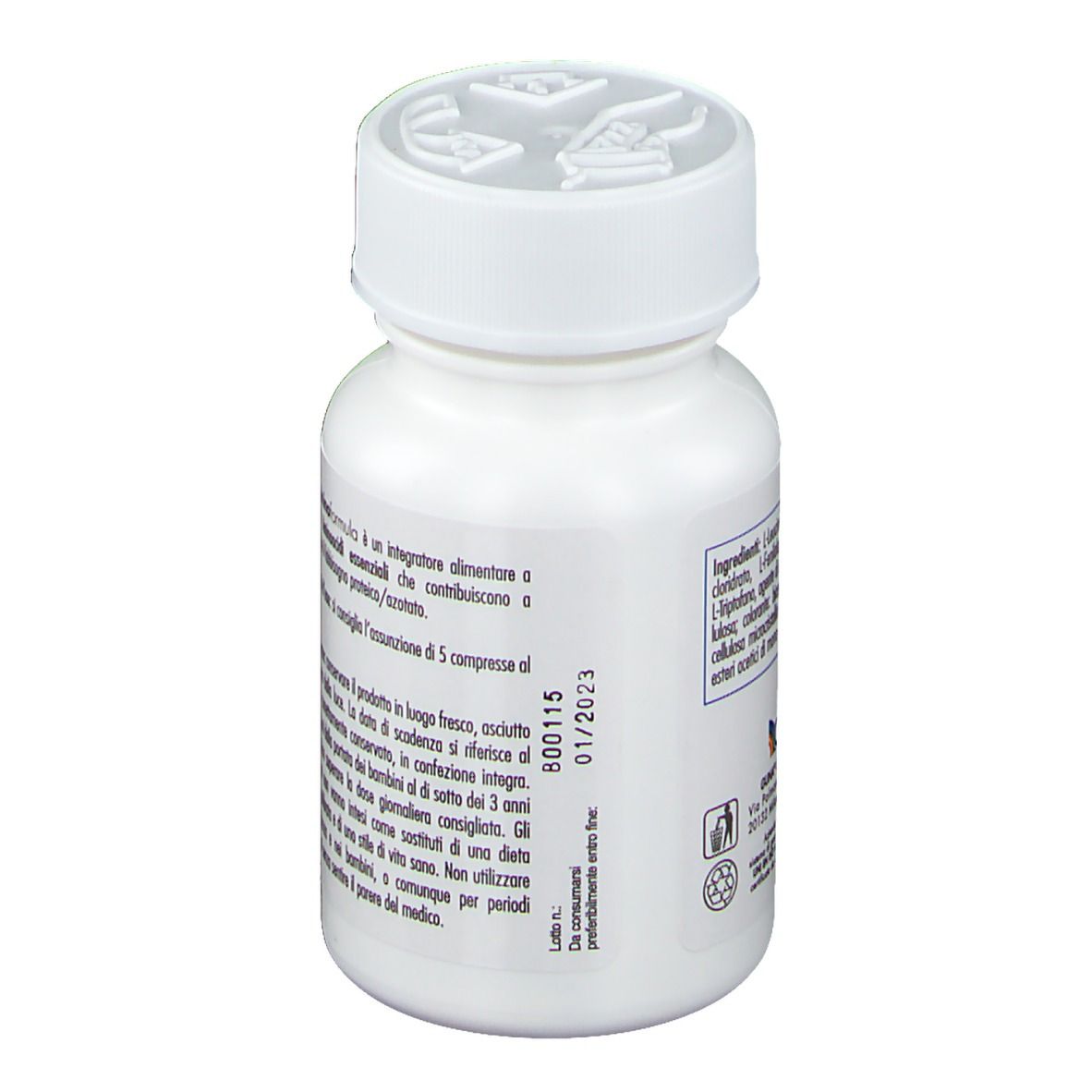 Flacone bianco con compresse. Retro con testo. Numero lotto e scadenza: 01/2023.