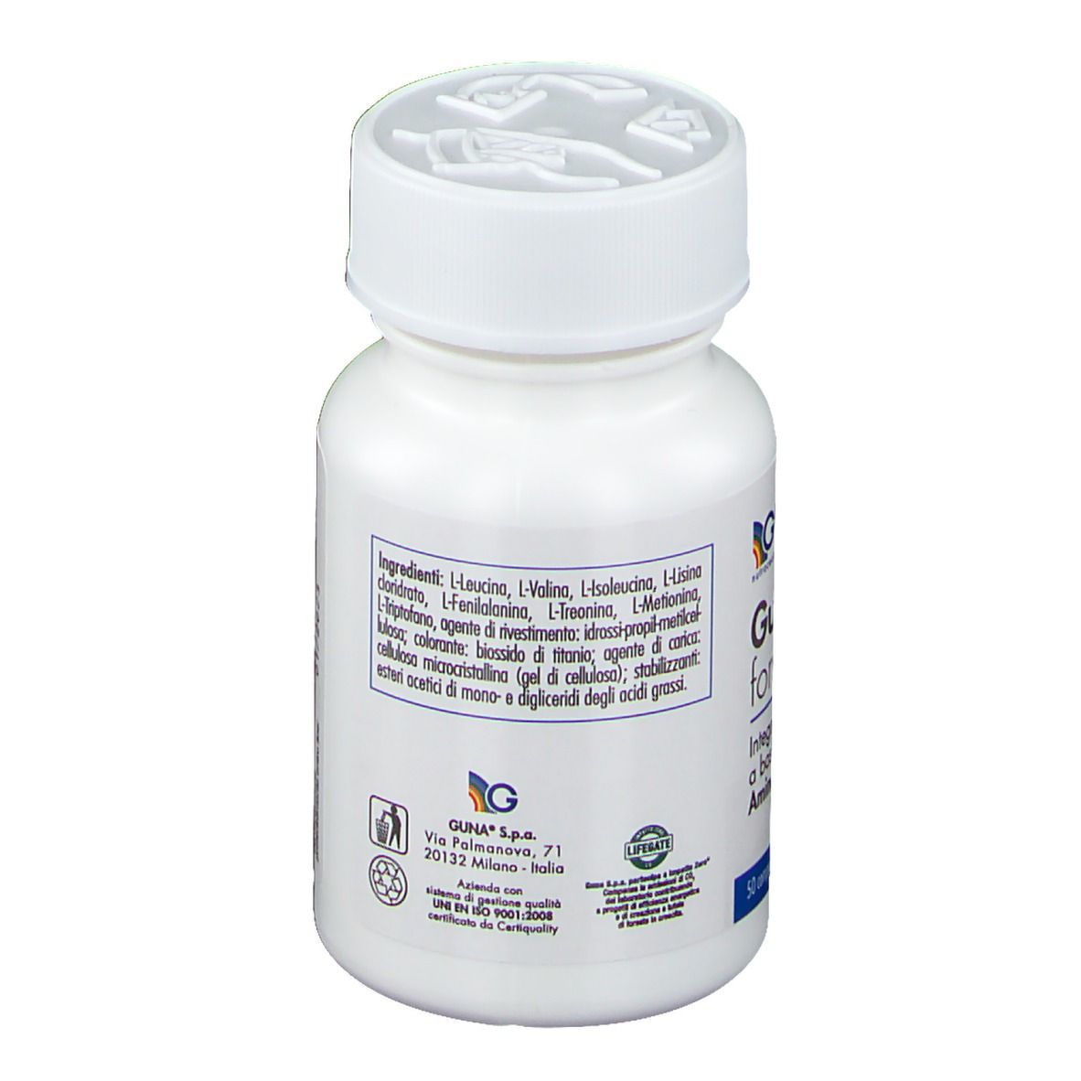 Flacone bianco con compresse. Retro con testo. Ingredienti: Leucina, Valina, Isoleucina, ecc.