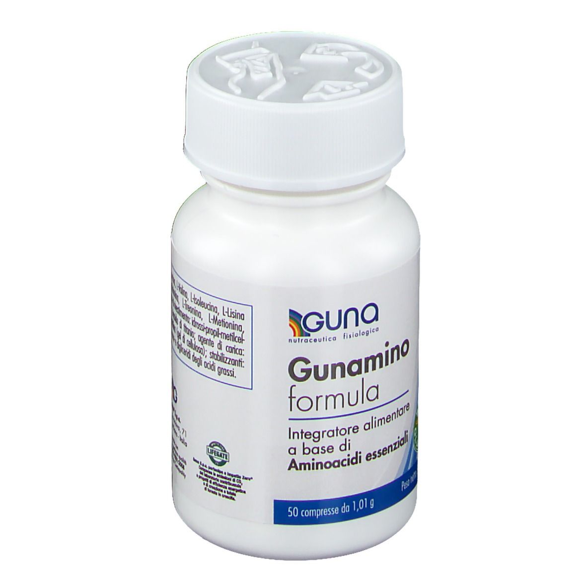 Flacone bianco con compresse. Scritta: Guna Gunamino Formula. Senza glutine. 50 compresse.