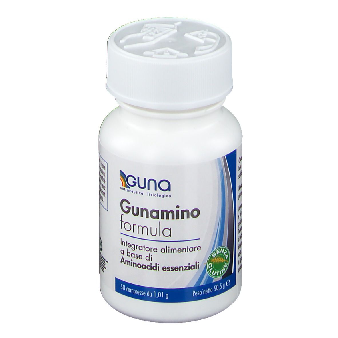 Flacone bianco con compresse. Scritta: Guna Gunamino Formula. Senza glutine. 50 compresse.