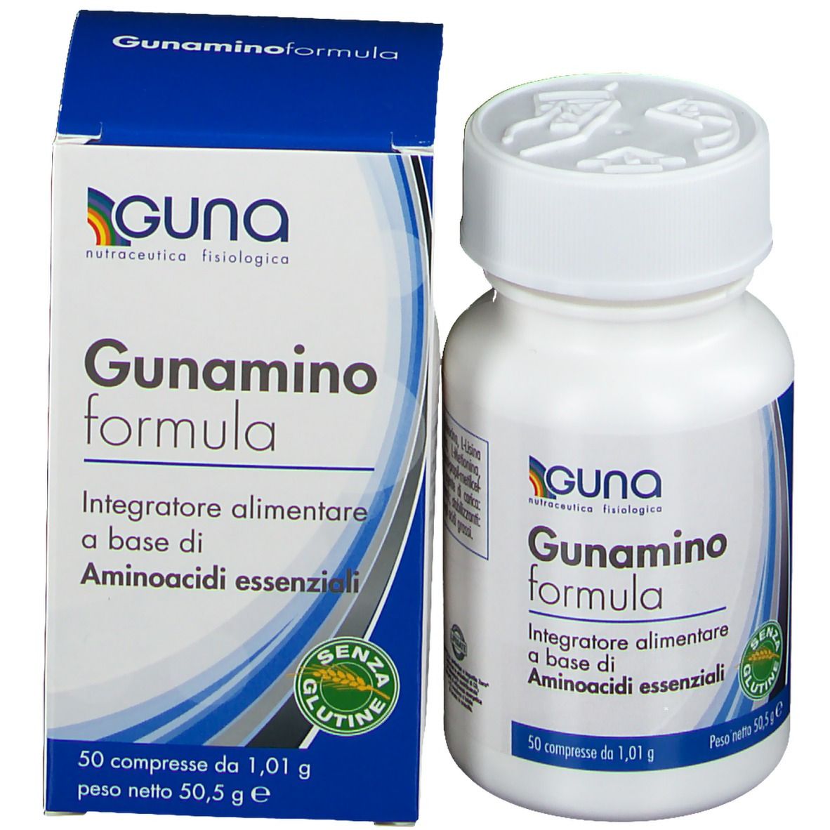 Confezione del prodotto con flacone e scatola. Scritta: Guna Gunamino Formula. Senza glutine. 50 compresse.