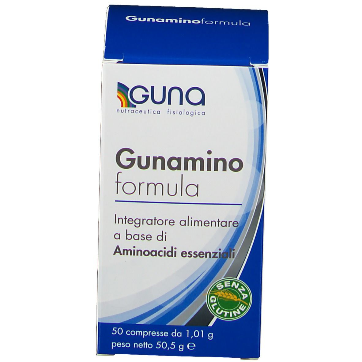 Confezione in cartone. Scritta: Guna Gunamino Formula. Senza glutine. 50 compresse.