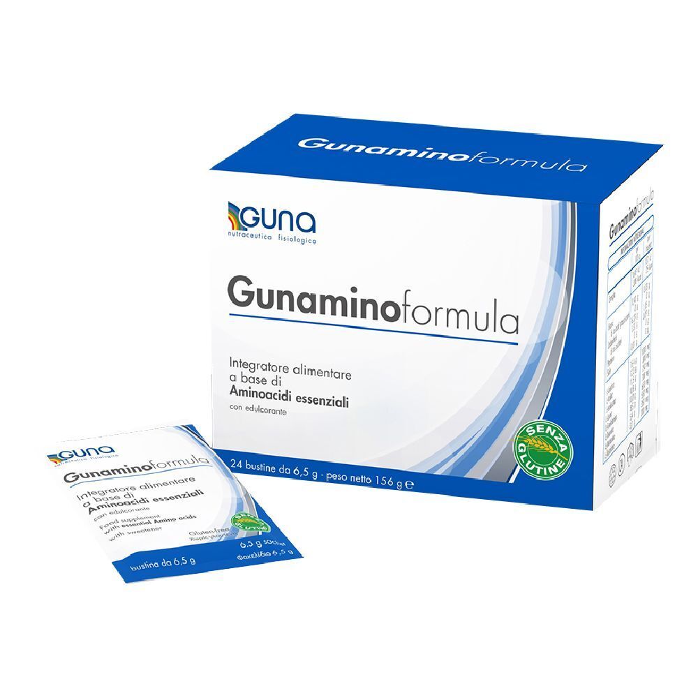 Scatola con bustina del prodotto. Scritta: Guna Gunaminoformel. 24 bustine, senza glutine.