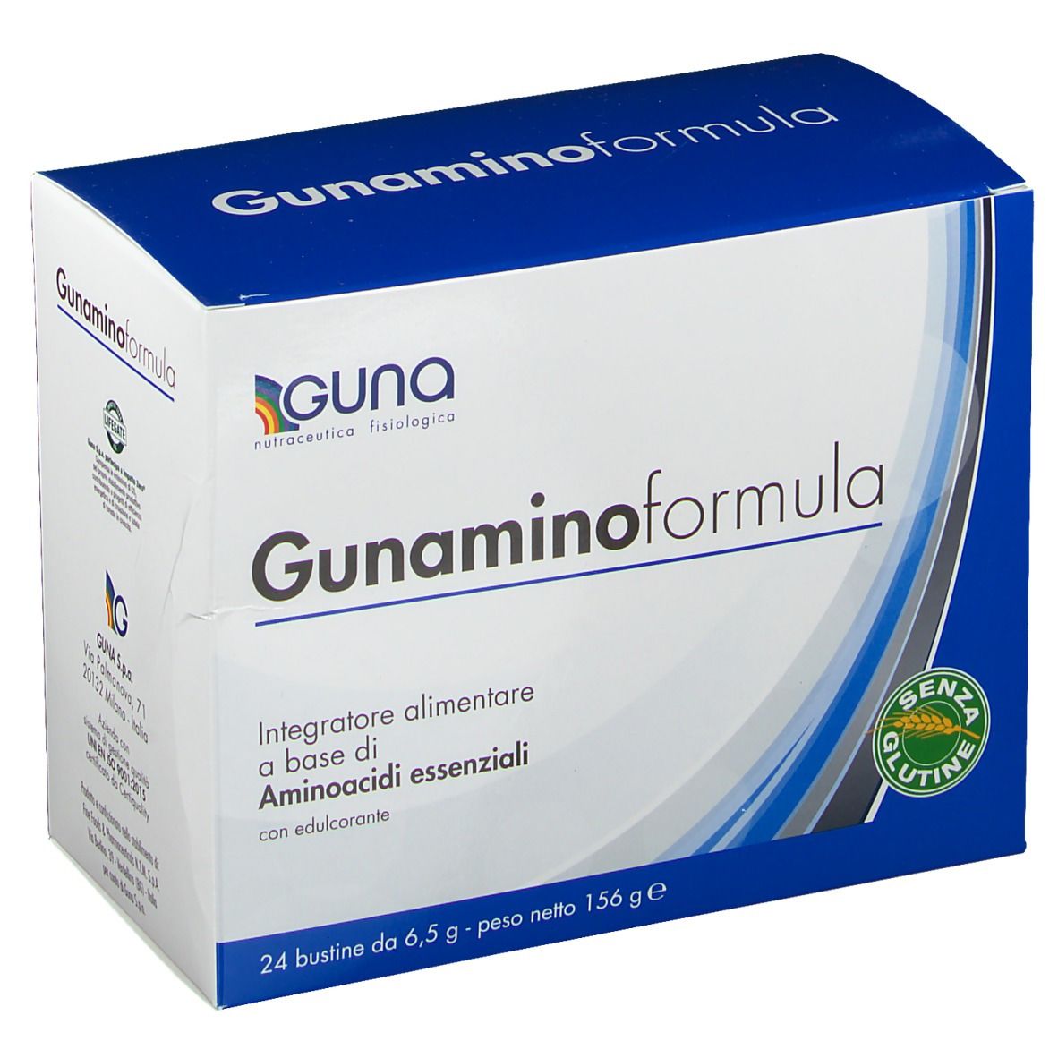 Scatola blu con scritta: Guna Gunaminoformel. Sigillo senza glutine. 24 bustine.