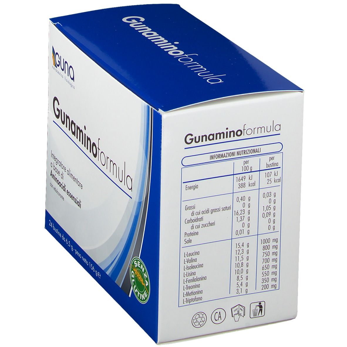 Scatola con informazioni nutrizionali. Scritta: Guna Gunaminoformel. 24 bustine.