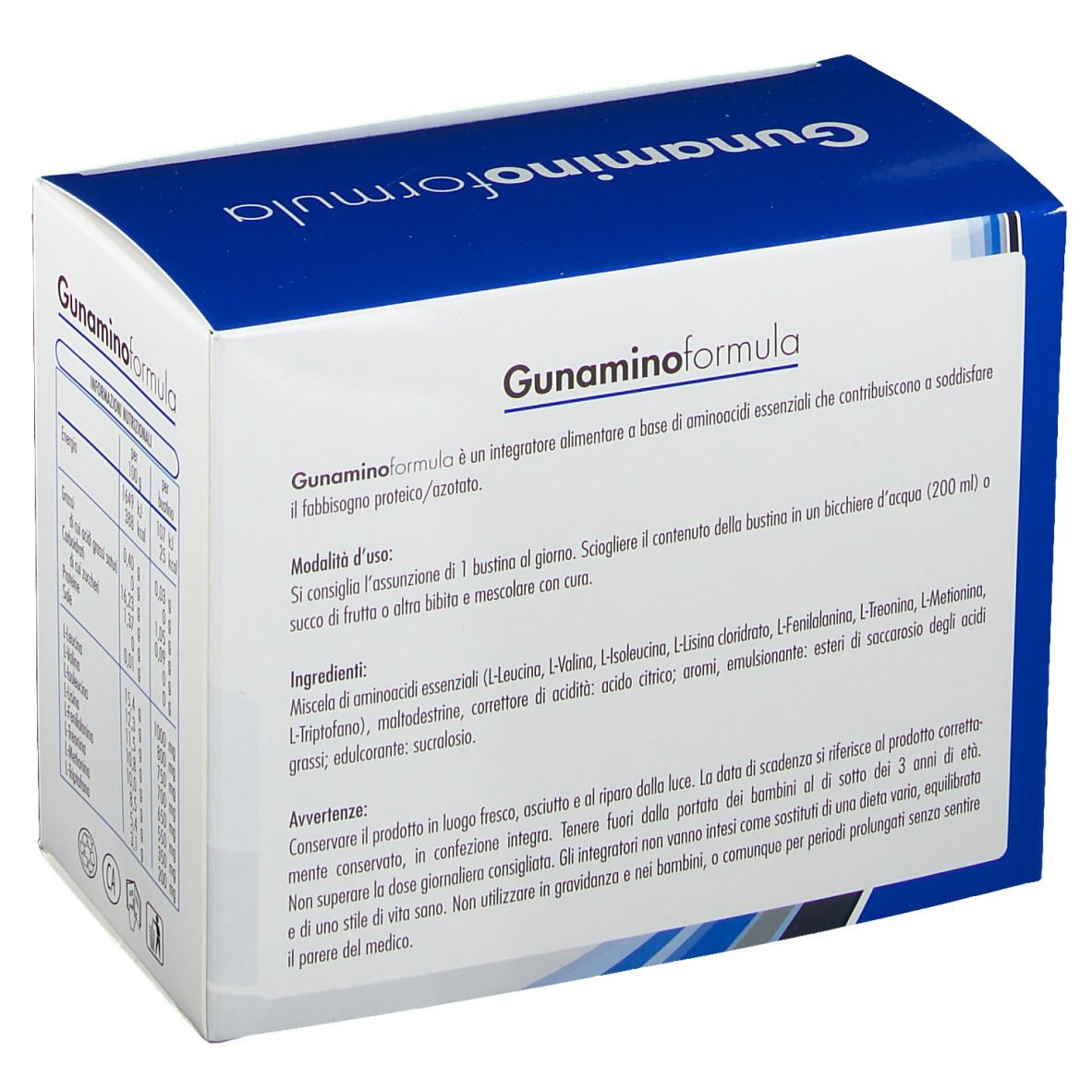 Scatola con informazioni sul prodotto. Scritta: Guna Gunaminoformel. 24 bustine.