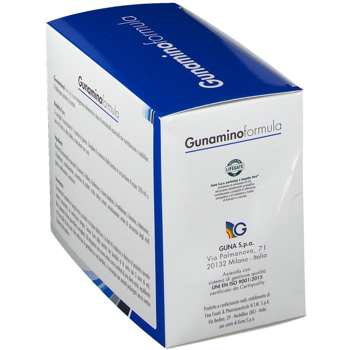 Scatola con informazioni sul prodotto. Scritta: Guna Gunaminoformel. 24 bustine.