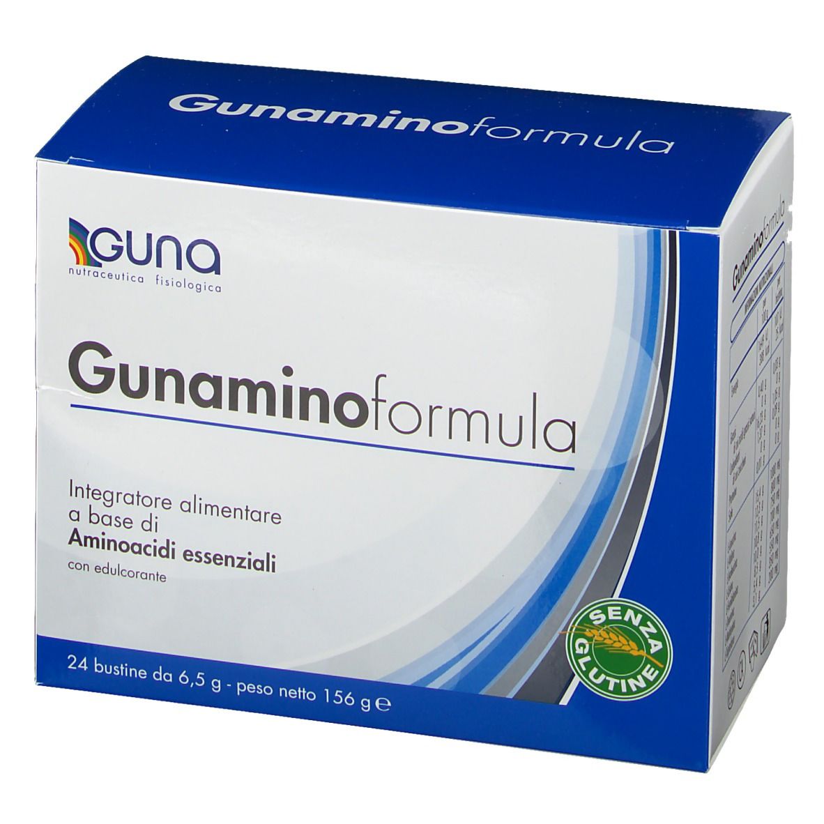 Scatola con scritta: Guna Gunaminoformel. Sigillo senza glutine. 24 bustine.