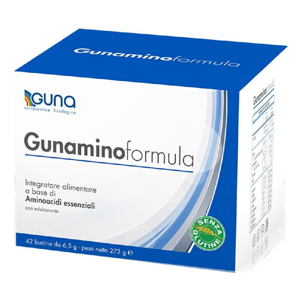 Scatola Guna Gunaminoformel. Confezione blu e bianca. Contiene 42 bustine. Sigillo senza glutine.