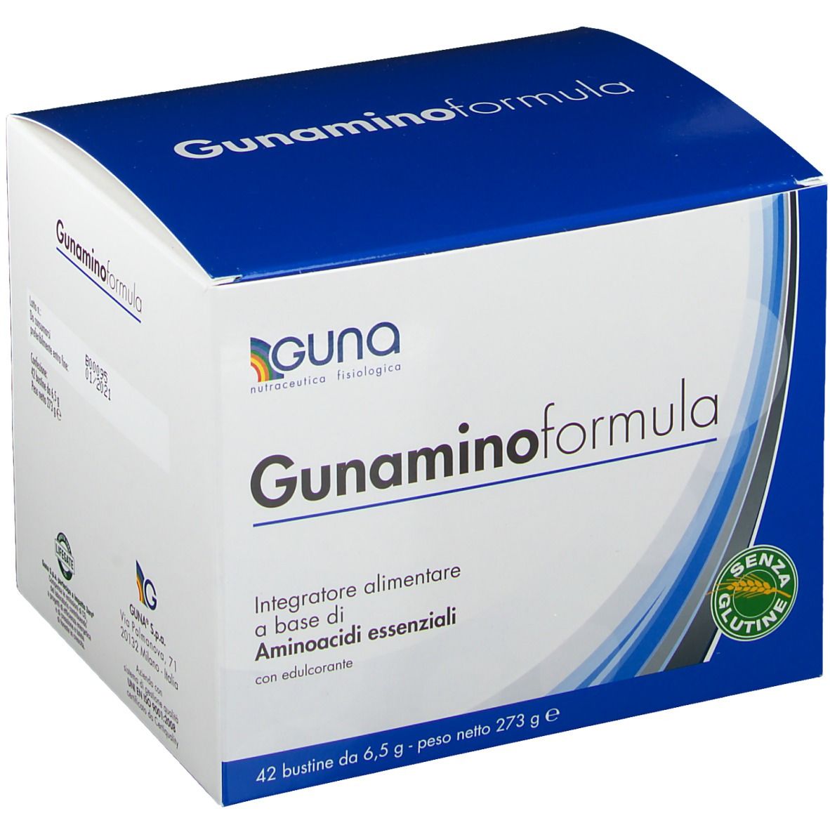 Scatola Guna Gunaminoformel. Confezione blu e bianca. Nome del prodotto e logo ben visibili.