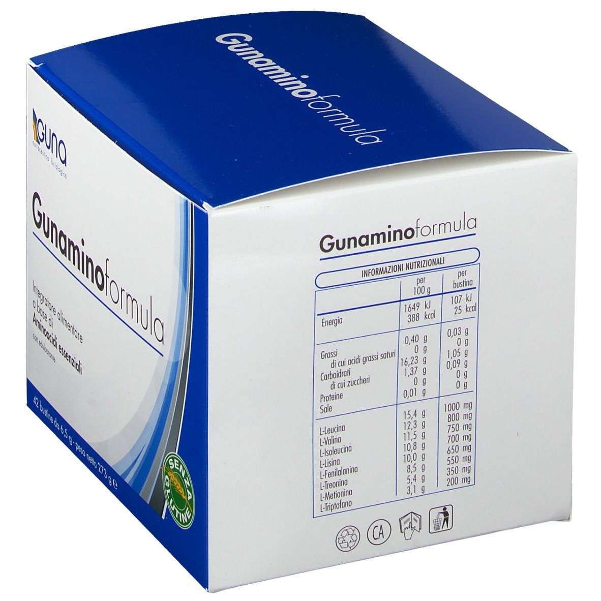 Scatola Guna Gunaminoformel. Retro con informazioni nutrizionali e ingredienti. Sigillo senza glutine.