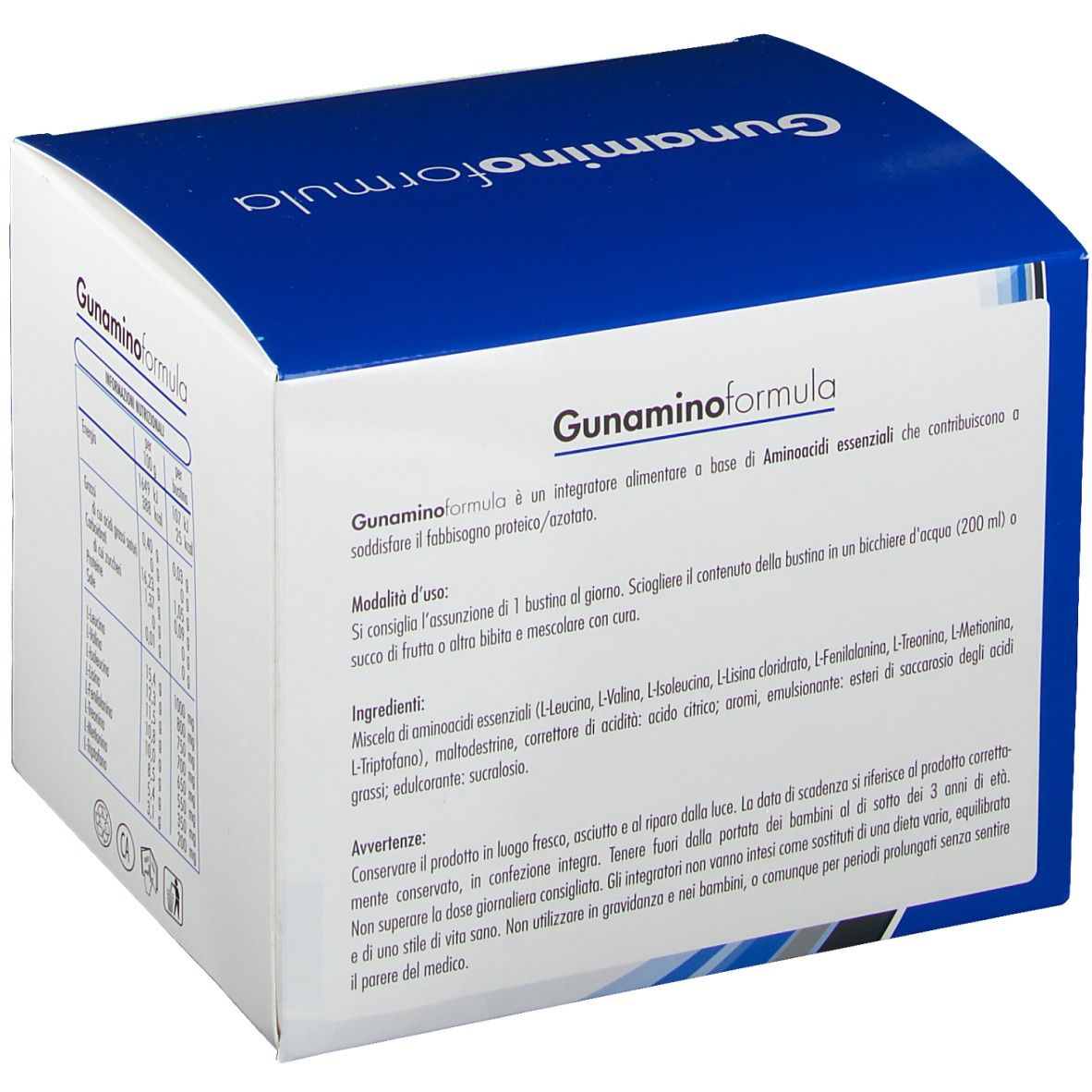 Scatola Guna Gunaminoformel. Retro con istruzioni per l'uso e avvertenze. Testo in italiano.
