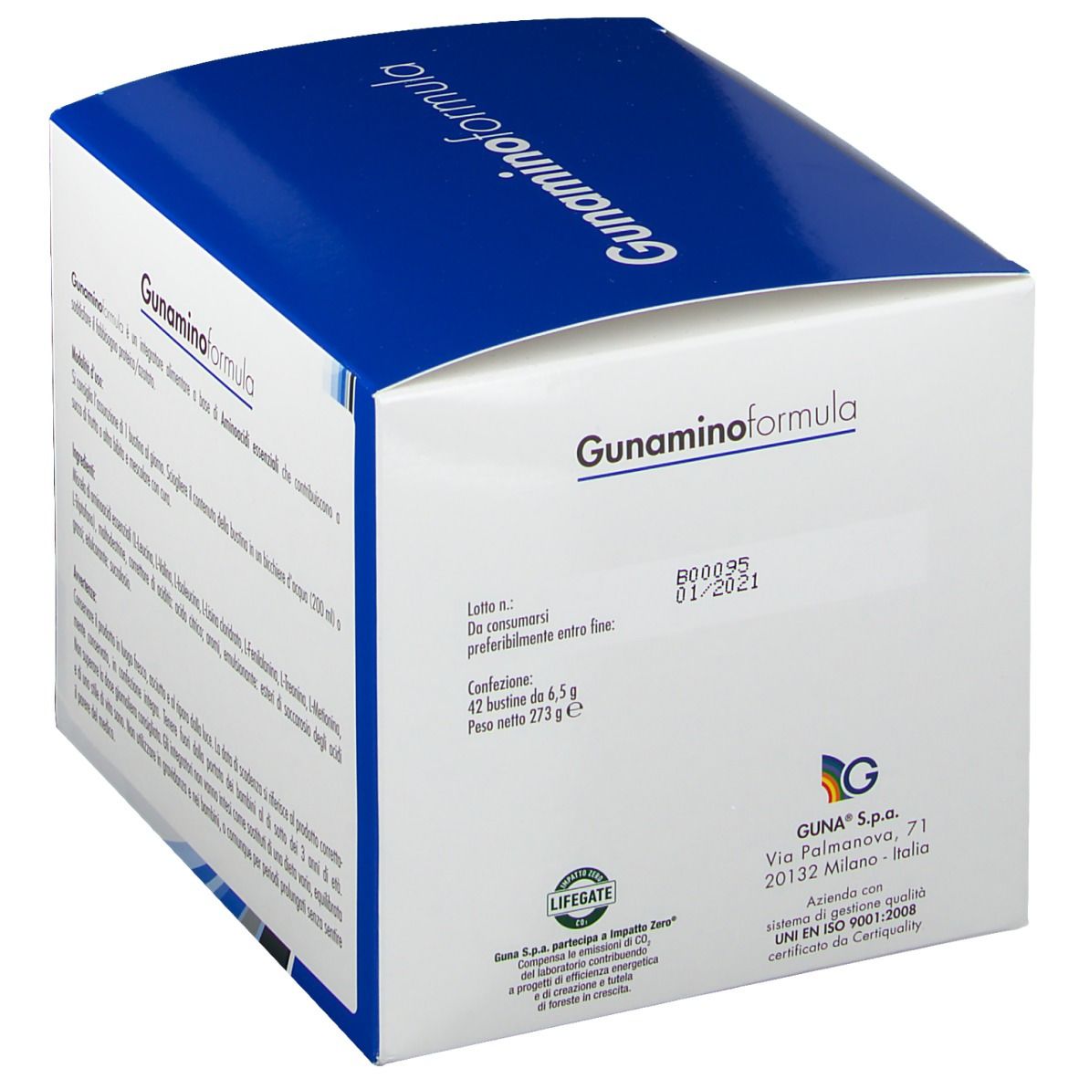 Scatola Guna Gunaminoformel. Retro con informazioni del produttore e data di scadenza. Testo in italiano.