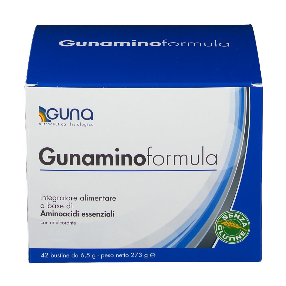 Scatola Guna Gunaminoformel. Confezione blu e bianca. Nome del prodotto e logo ben visibili.
