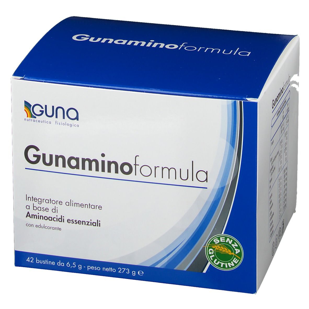 Scatola Guna Gunaminoformel. Confezione blu e bianca. Nome del prodotto e logo ben visibili. Sigillo senza glutine.