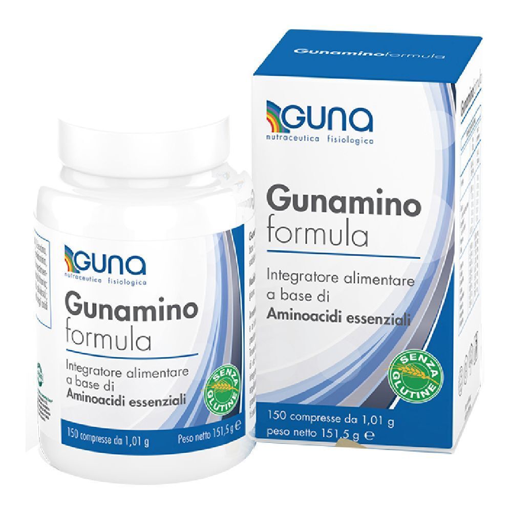 Weiße Flasche und Schachtel mit Produktaufdruck. Aufschrift: Guna Gunamino formula, 150 Tabletten, glutenfrei.