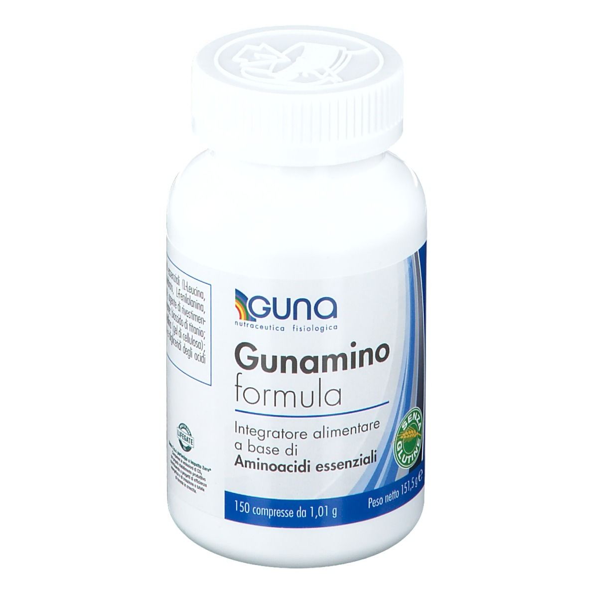 Weiße Flasche mit Produktaufdruck. Aufschrift: Guna Gunamino formula, 150 Tabletten, glutenfrei.