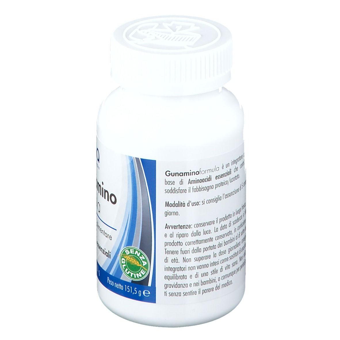 Weiße Flasche mit Produktaufdruck. Aufschrift: Guna Gunamino formula, 150 Tabletten, glutenfrei.