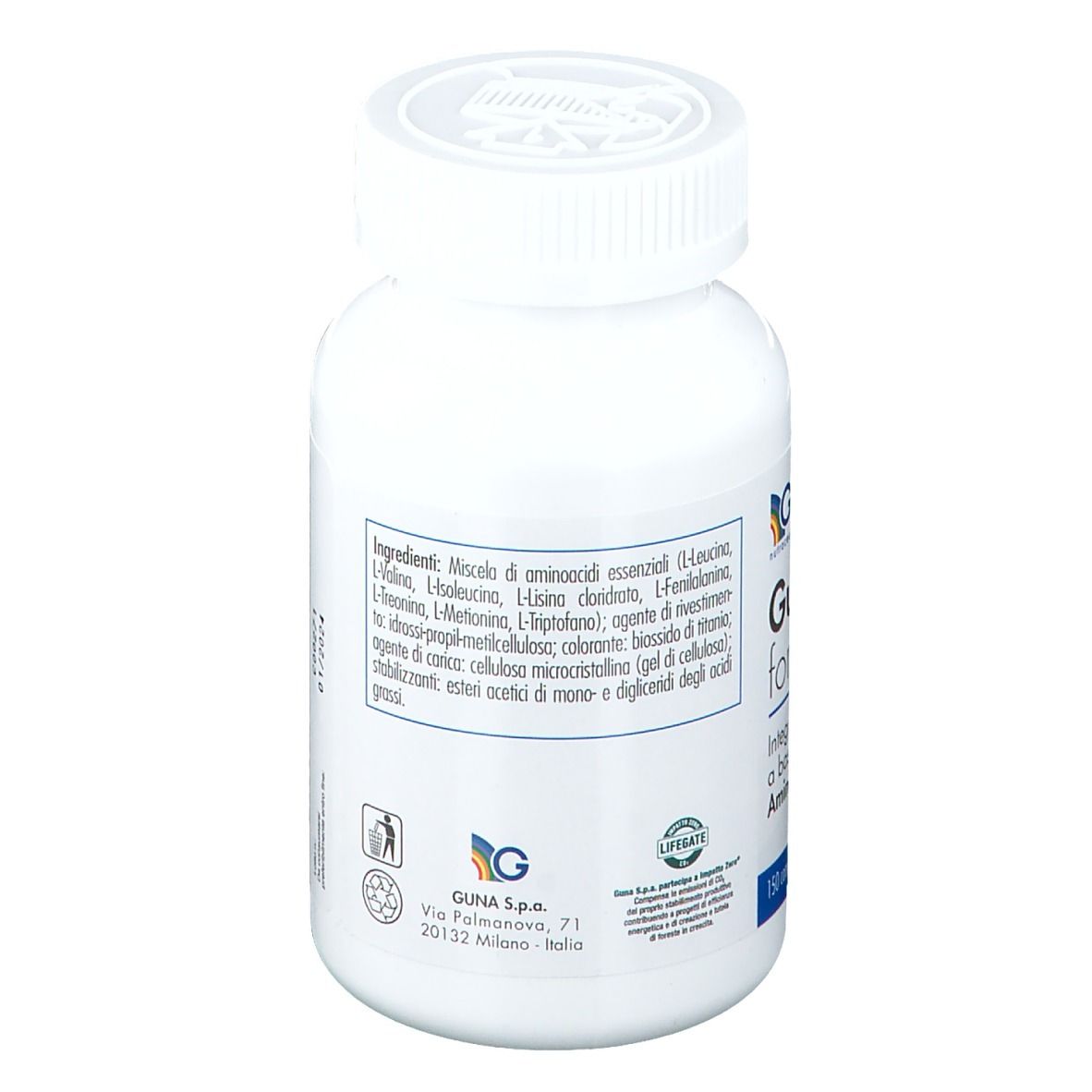 Weiße Flasche mit Produktaufdruck. Aufschrift: Guna Gunamino formula, 150 Tabletten, glutenfrei.