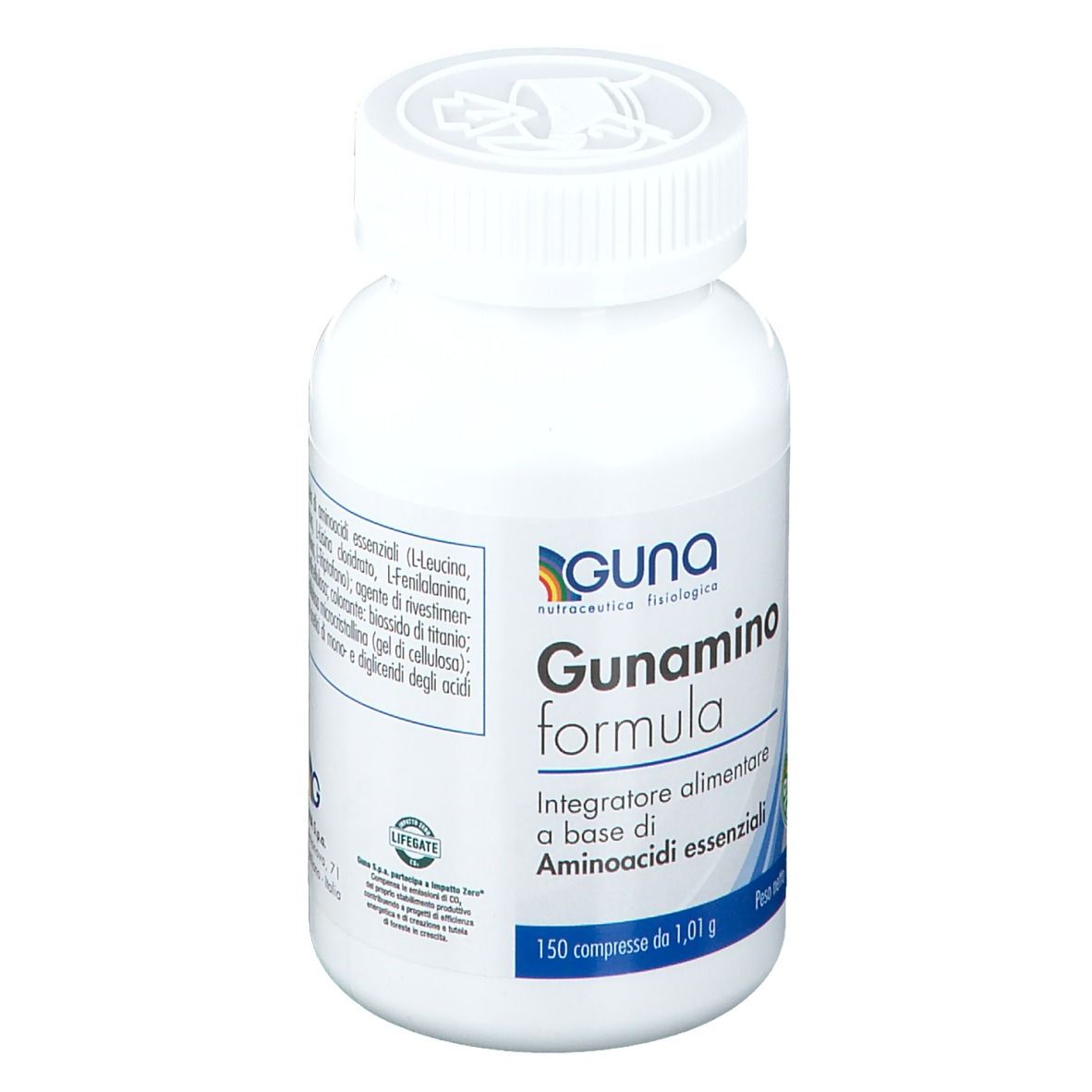 Weiße Flasche mit Produktaufdruck. Aufschrift: Guna Gunamino formula, 150 Tabletten, glutenfrei.