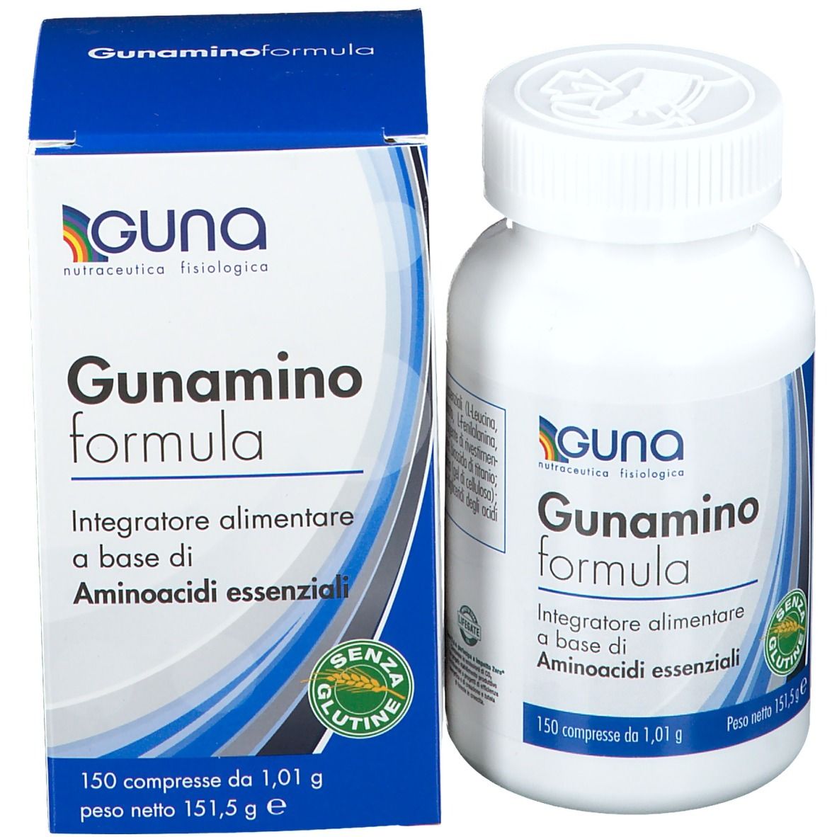 Weiße Flasche und Schachtel mit Produktaufdruck. Aufschrift: Guna Gunamino formula, 150 Tabletten, glutenfrei.